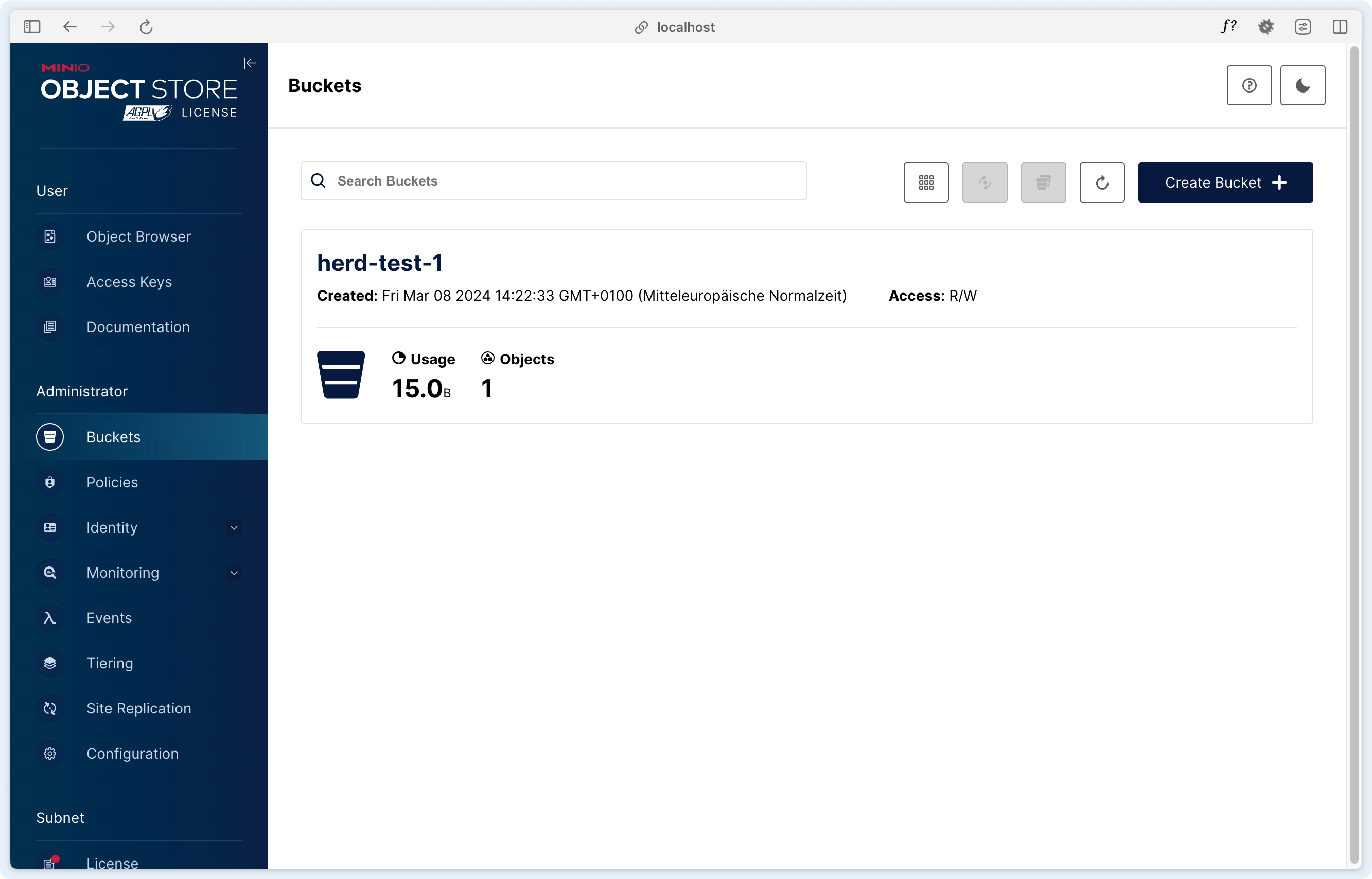 Screenshot of the MinIO dashboard