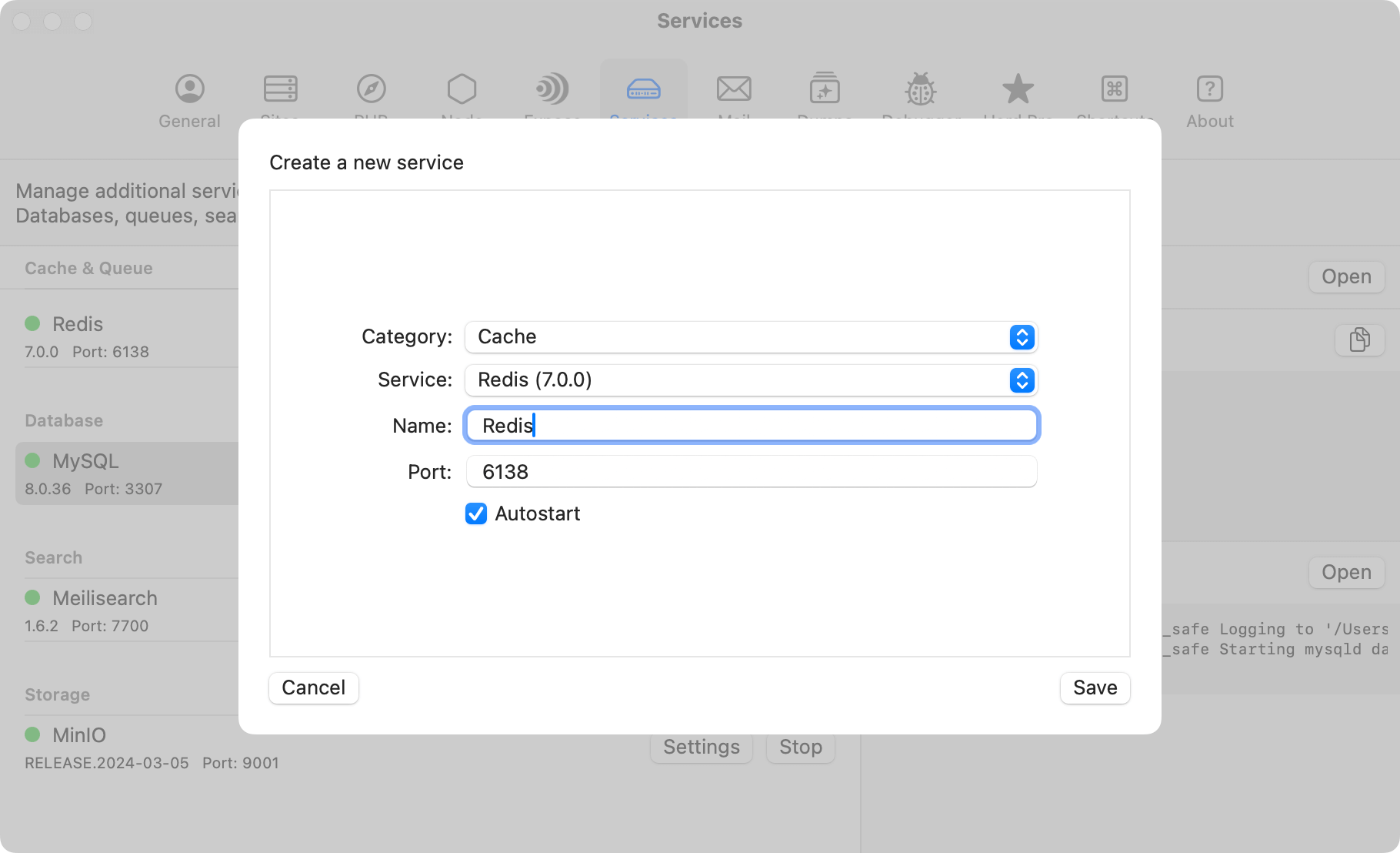 Screenshot of MySQL settings
