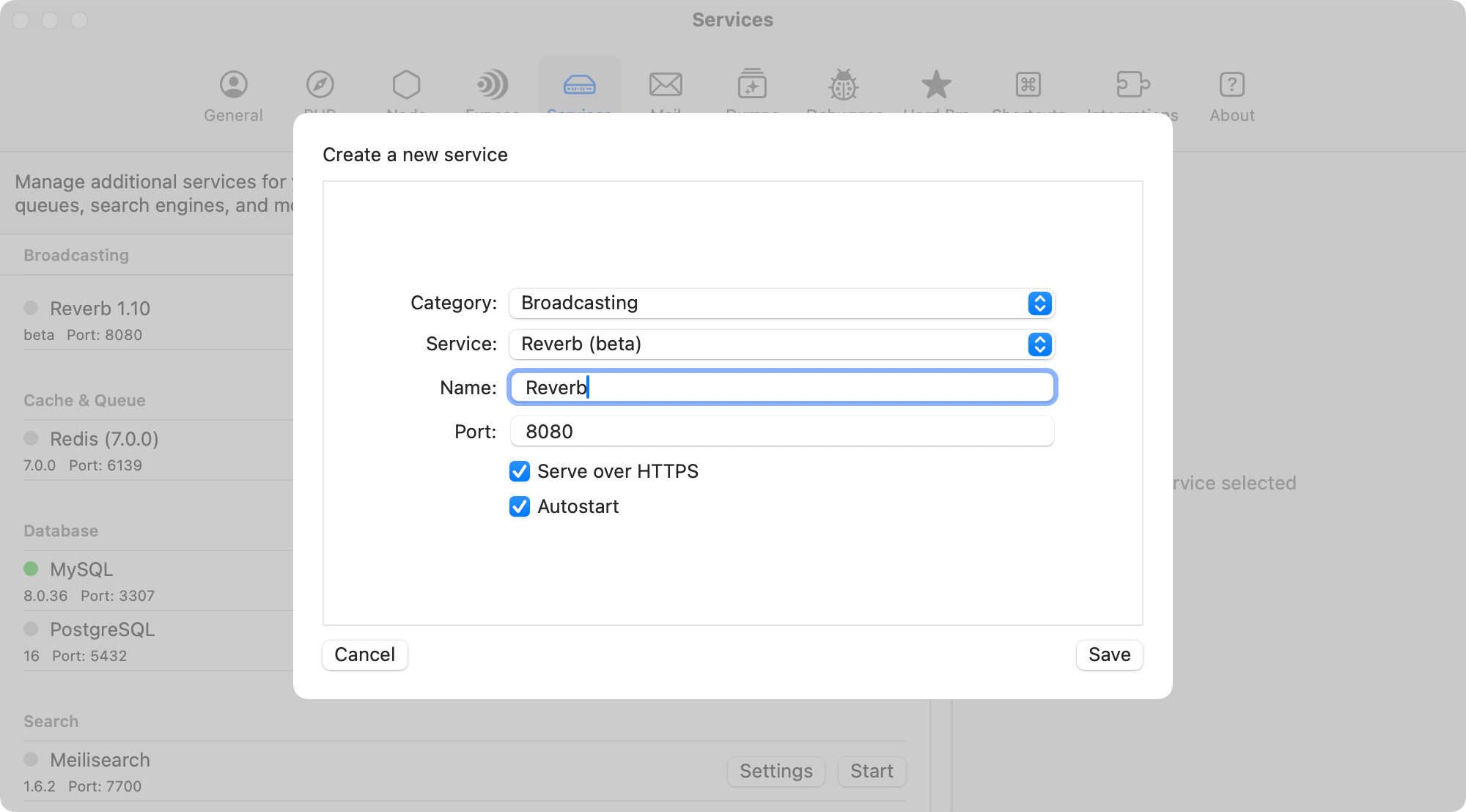 Screenshot of MySQL settings